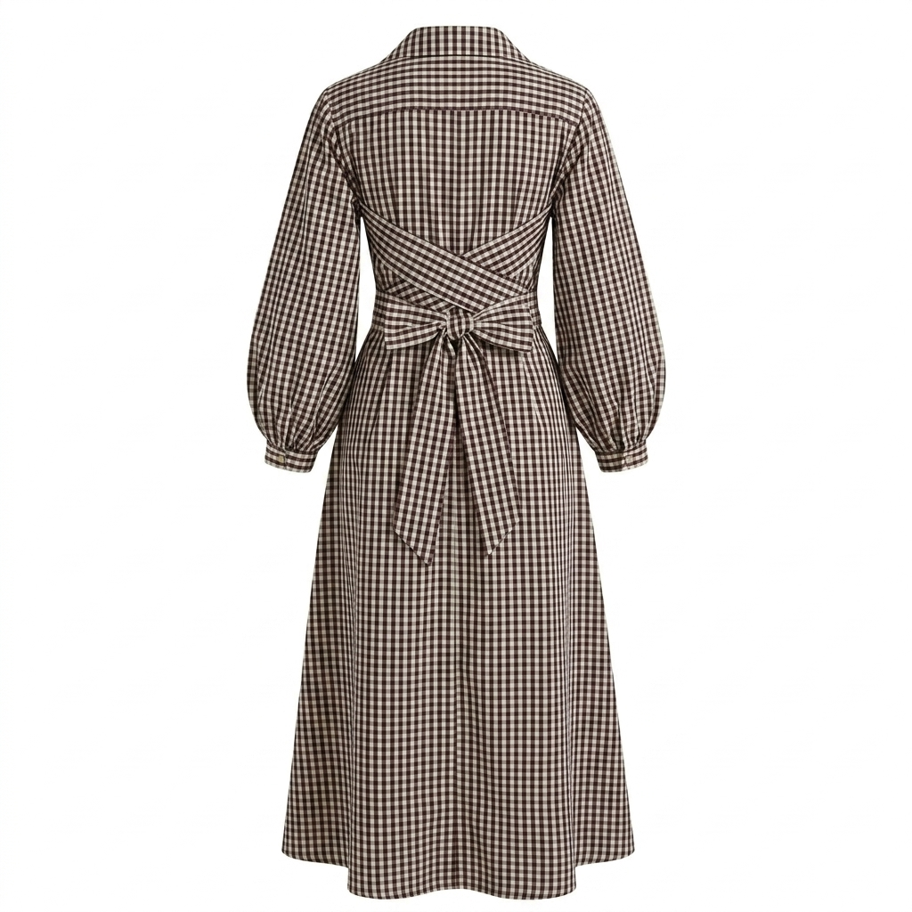 Brown Checks Wrap Dress-Cotton