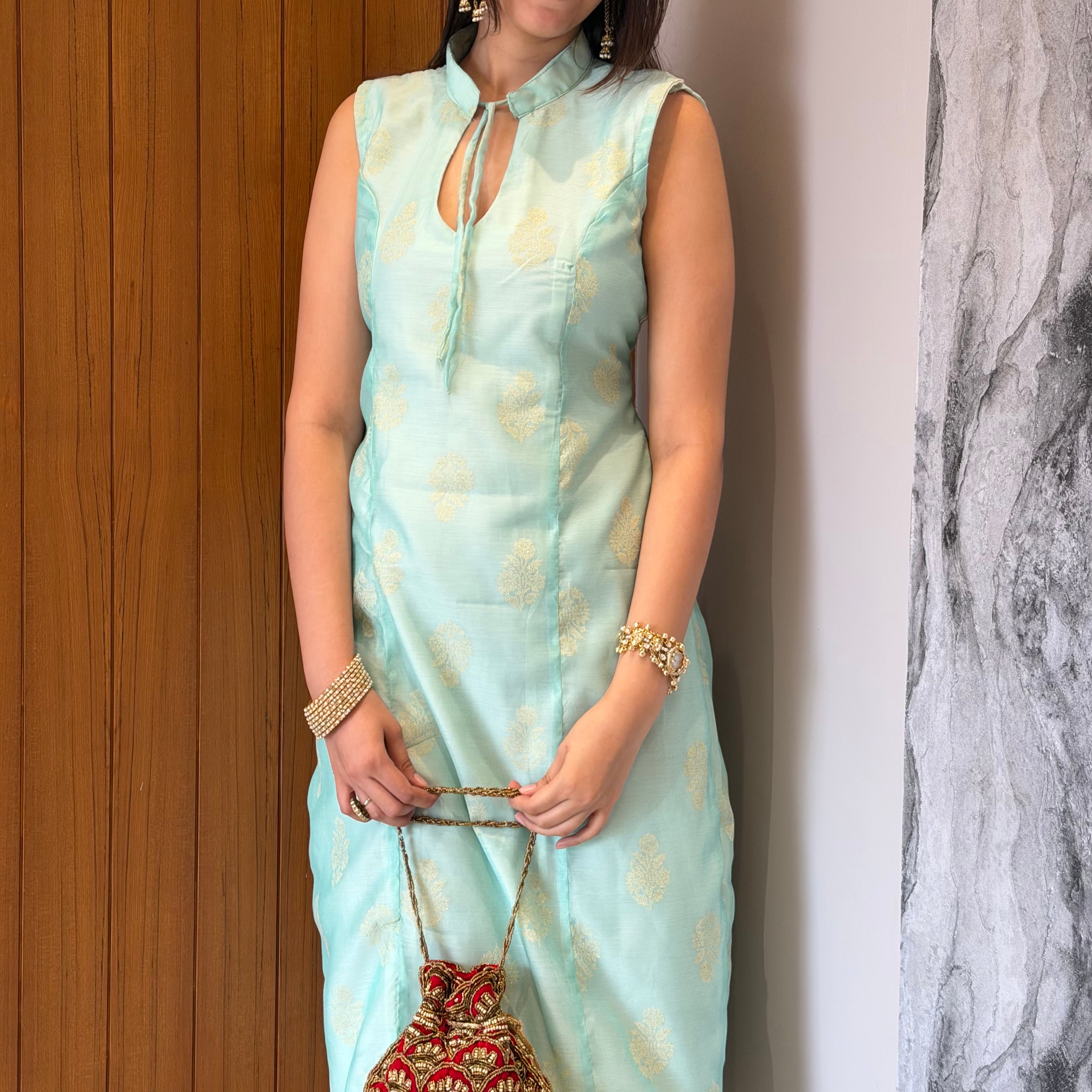 Mint Green Brocade Dress - Festive Edit