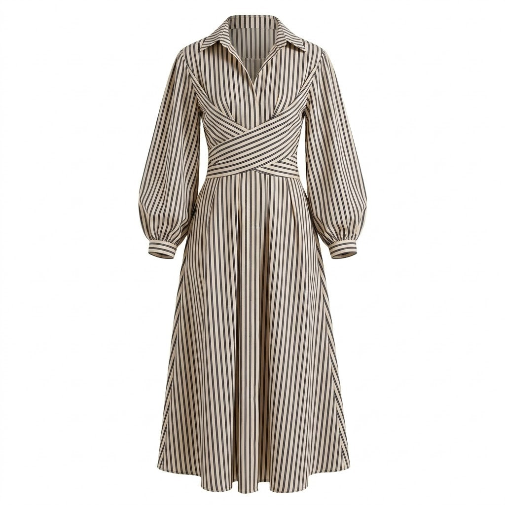 Beige Stripe Wrap Dress