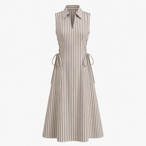 Beige Stripe Tie waist Dress